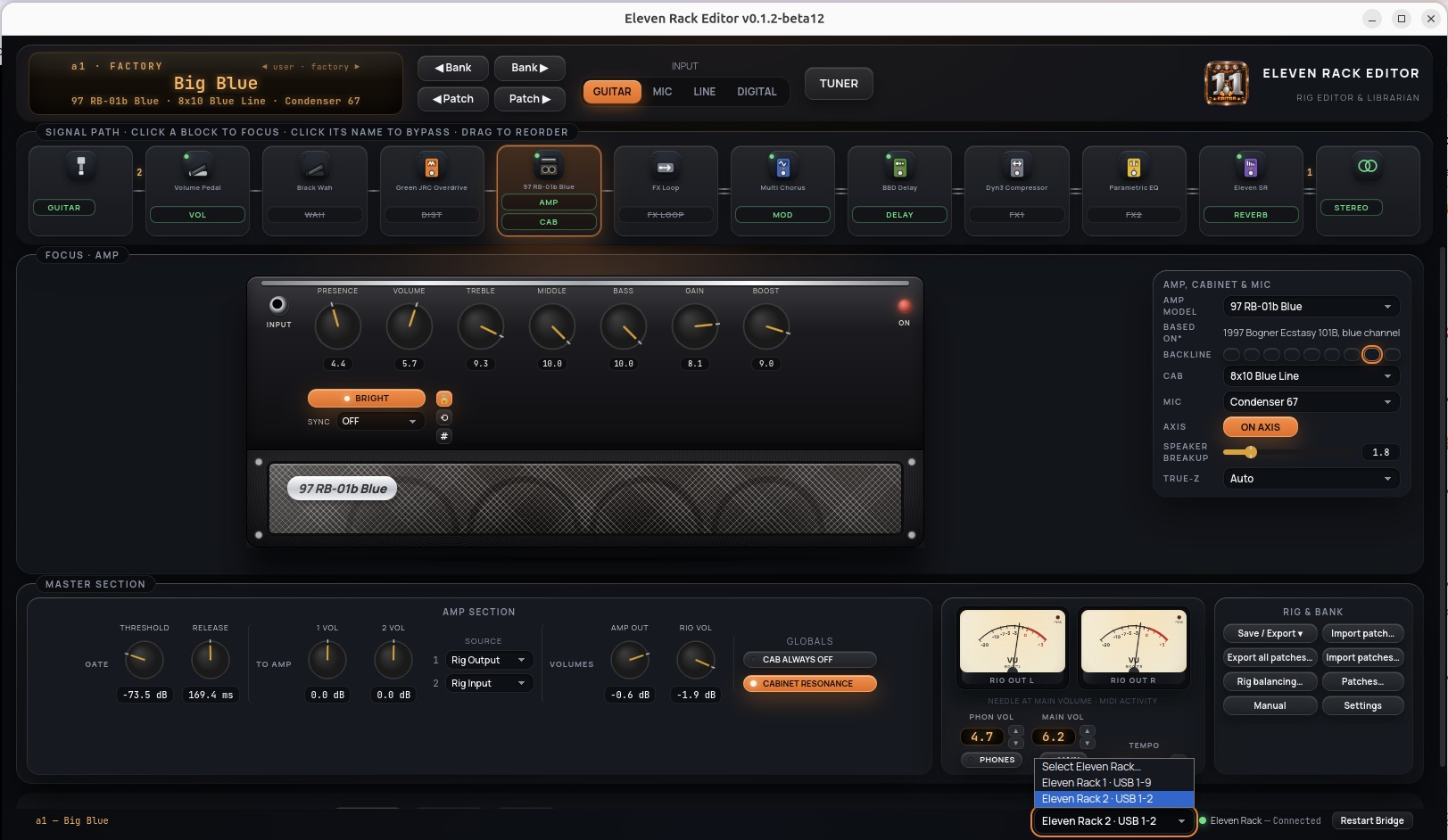 Eleven Rack Editor showing the Big Blue rig, effect chain, amp controls, meters and device selector.
